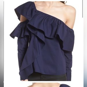 LEITH Blue Asymmetric Ruffle Blouse